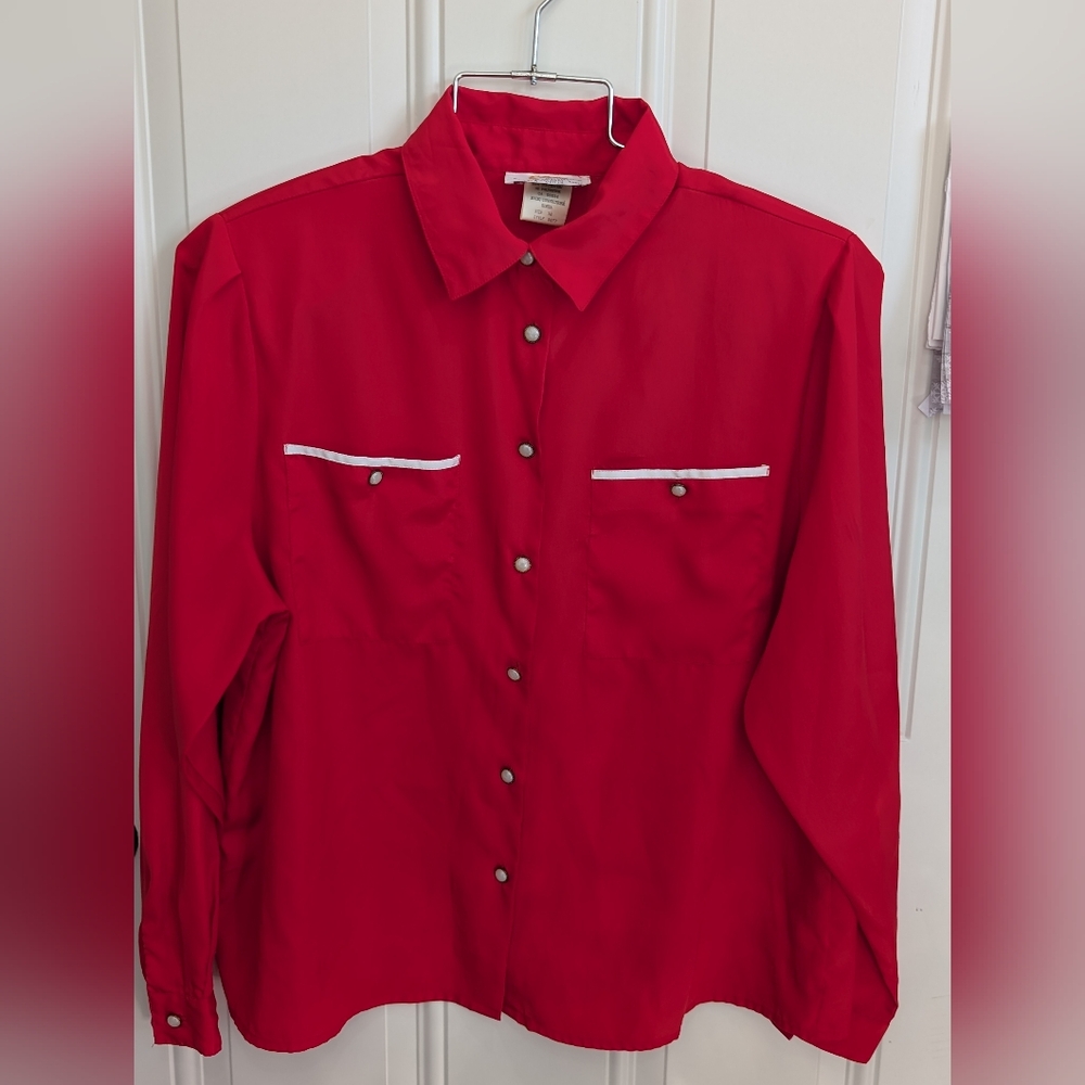 Vintage  Red Button-Down Shirt with White Accents 80's Made In Korea